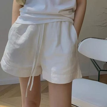 【鬆緊腰設計】夏季 日系女裝 白色棉麻短褲 闊腿運動鬆緊腰 亞麻 薄款抽繩 小個子 高腰寬鬆五分褲 微胖穿搭 短褲女