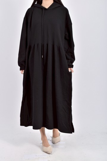 (XL) kingkong質感長袖連帽黑色洋裝