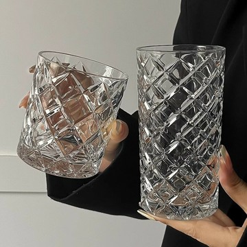 法式ins風小眾簡約菱格大容量冷飲杯果汁飲料杯水果茶杯玻璃杯子