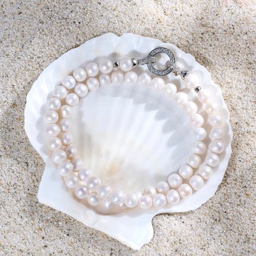 天然白色淡水珍珠項鍊 6-7mm 銀色鑲鑽圓形扣 精緻典雅 萬聖節禮