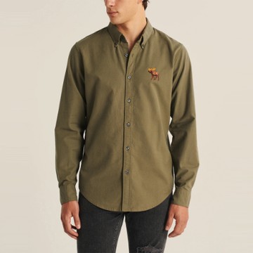 A&F 麋鹿 經典刺繡大鹿長袖襯衫(男)-墨綠色