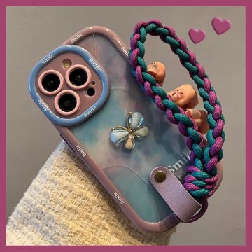 適用于蘋果16promax手機殼彩色暈染紫線條腕帶手繩新款iphone15Promax防摔14硬殼全包13女plus保護套個性創意