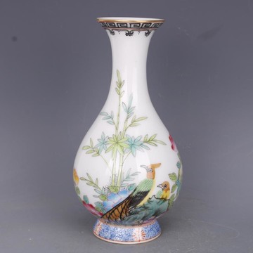 清雍正描金粉彩花鳥玉壺春瓶仿古工藝瓷器家居中式擺件古玩收藏1入