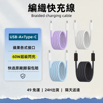 【斷裂包賠】60W編織快充線 適用 iPhone 17 16 TypeC轉Lightning 傳輸線 PD閃充 現貨