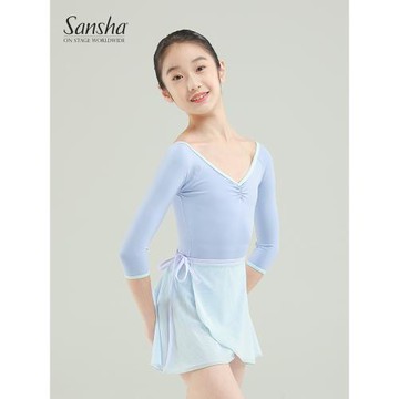 Sansha 三沙少女舞蹈服 芭蕾舞圓領練功服七分袖撞色連體服秋冬