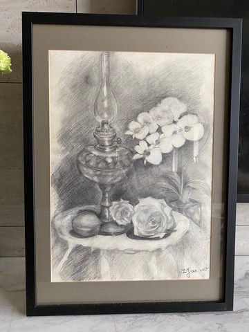 靜謐之光 - 鉛筆素描原作 含裱框 靜物藝術畫