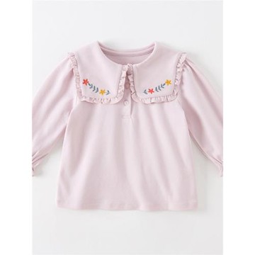 DoLa女童寶寶純棉翻領刺繡T恤2023春秋新款時尚針織長袖厚打底衫