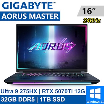 技嘉 AORUS MASTER 16 BXHC4TWE64SH 16吋 暗潮靛(Ultra 9 275HX/32GB/1TB SSD/RTX5070Ti 12G/W11)