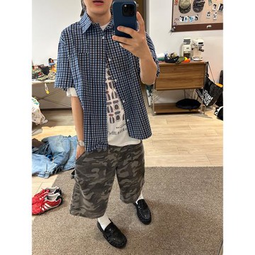 CGGA美式復古藍格撞色短袖襯衫男女寬松休閑百搭透氣防曬襯衣外套