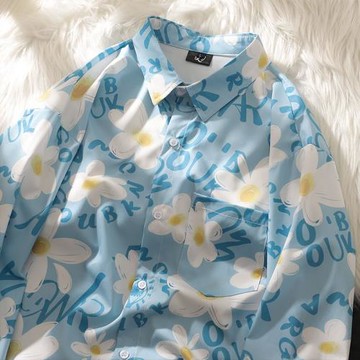 逃離地球國潮牌設計花卉印花長袖襯衫女原宿風寬松百搭情侶裝外套