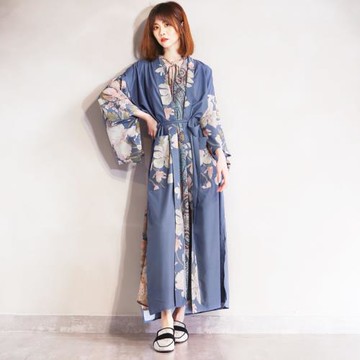 B85長款側面開叉復古印花和服闊袖系腰帶輕薄飄逸防曬開衫連衣裙