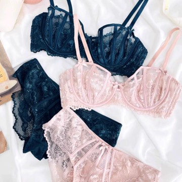 「MOJITO」青絲雲巔‧法式貝殼杯透膚薄蕾絲性感透視網紗無襯墊成套內衣+內褲組(4色選) B-D罩