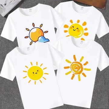 新款女男裝簡約太陽表情印花短袖t恤休閑親子裝六一節目演出班服
