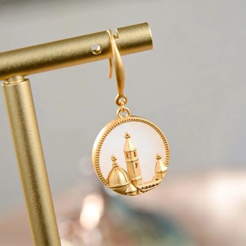 原創S925純銀鎏金白玉工藝爆款歐式城堡宮殿氣質女士耳環耳墜耳飾