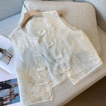 商城熱賣⭐氣質刺繡網馬甲  國風輕紗襯衣女無袖馬甲  蕾絲高級薄外套款