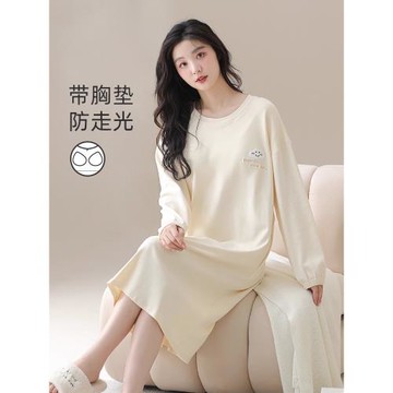 睡裙女秋季純棉帶胸墊長袖待產裙冬季滿印孕婦睡衣秋女款2025新款