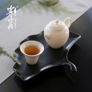 寒山居青瓷果盤陶瓷茶點盤杏葉型盤泡茶壺承中式餐盤日式水果碟子