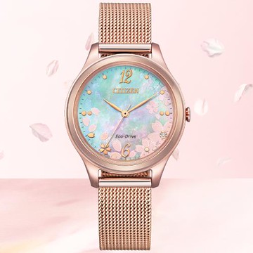 CITIZEN星辰 LADYS系列 櫻花限定 米蘭帶 光動能腕錶 EM0508-80D