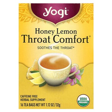 Yogi Tea, Throat Comfort® 潤喉草本茶，蜂蜜檸檬味，無咖啡萃取，16 茶包，1.12 盎司（32 克）