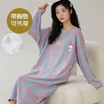 【韓國K.W.】韓國專櫃完美女孩帶胸墊長袖(睡裙/女睡衣/居家服/連身洋裝/洋裝)