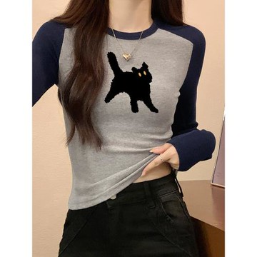 春季2025新款美式辣妹修身打底短上衣撞色插肩袖T恤女ins內搭長袖