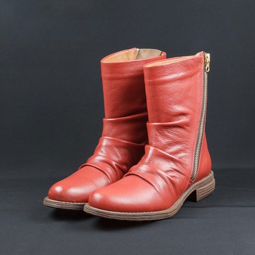 個性揮灑zipper真皮中筒靴-瑪瑙紅