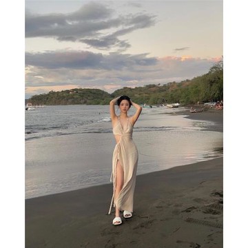 歐美性感鏤空露腰V領高腰開叉吊帶裙氣質女神范辣妹修身連衣裙女