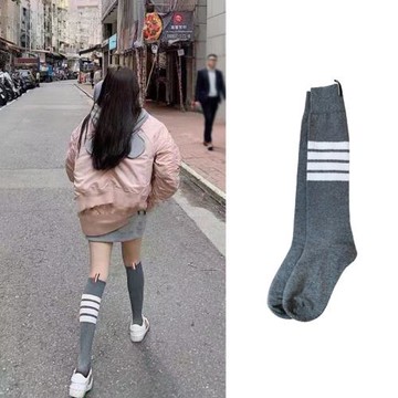 秋季女TB中長筒帶標四道杠條紋學院風純棉ins潮過膝及膝小腿襪子