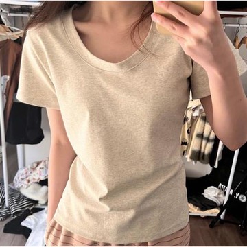 低圓領短袖T恤女2025夏季純棉正肩顯瘦修身半袖洋氣基礎款上衣ins