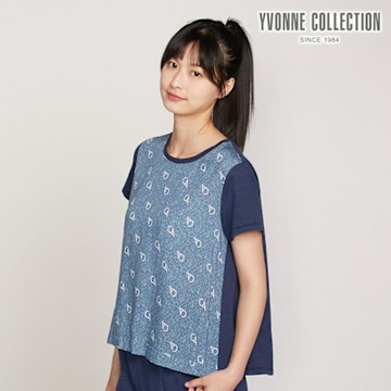YVONNE 以旺傢飾 莫代爾棉拼接印花短袖上衣-丈青