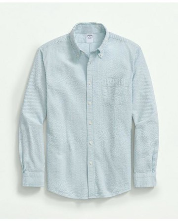 Brooks Brothers Men's Washed Cotton Seersucker Button-Down Collar, Stripe Sport Shirt | Marine Blue | Size Medium