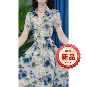 洋氣復古媽媽裝收腰短袖連衣裙翻領時尚小個子媽媽夏季氣質裙子