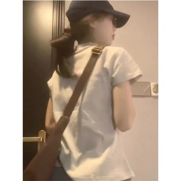 設計感氣質韓系修身灰色圓領正肩短袖T恤女夏季ins別致休閑上衣