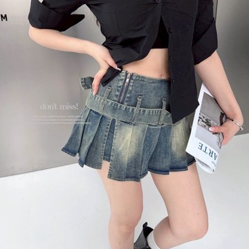 【爆款預警】DOMISS辣妹牛仔短裙 百褶短裙 短褲裙 裙子女生-2色(現貨)