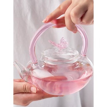 粉色蝴蝶透明耐熱玻璃提梁煮茶花茶壺家用泡茶器小號電陶爐煮茶器