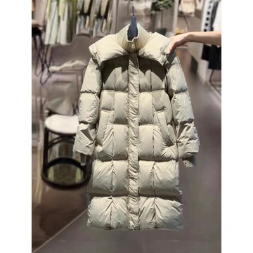 杏仁米假兩件中長款羽絨服女2025新款加厚防風保暖白鴨絨外套