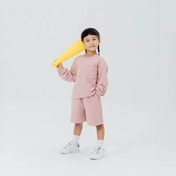 QUEENSHOP_F 童裝 素面休閒長袖短褲套裝-粉 M/L/XL 現+預 【01099437】