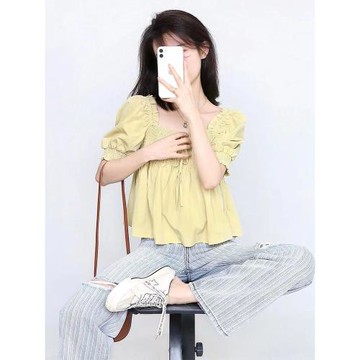黃色方領短袖襯衫女夏季法式設計感小眾短款泡泡袖娃娃衫雪紡上衣
