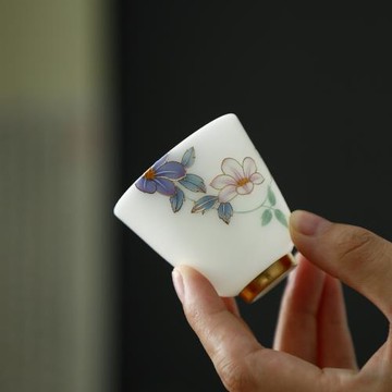冰種羊脂玉素燒花朵茶杯女士個人專用高檔陶瓷小茶杯精致女主人杯