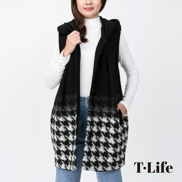 T.Life 優雅高貴格紋拼接設計毛呢背心外套(1色)