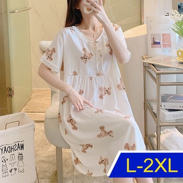 [韓國K.W.]簡約穿搭進口棉綢印花洋裝(洋裝/連身裙/短袖/長裙/寬鬆/居家/休閒)