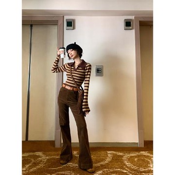 DULA燈芯絨高腰拖地休閑喇叭褲