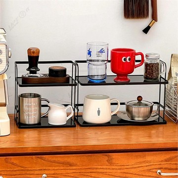 雙層黑色桌面收納架 桌面碳鋼整理器 杯架 咖啡角整理架 餐邊櫃吧檯咖啡杯架 放茶杯水杯架子