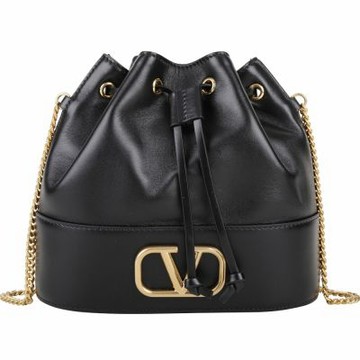 VALENTINO 展示品 VLogo 黑色小羊皮束口鍊帶迷你斜背水桶包(皮革刮痕)