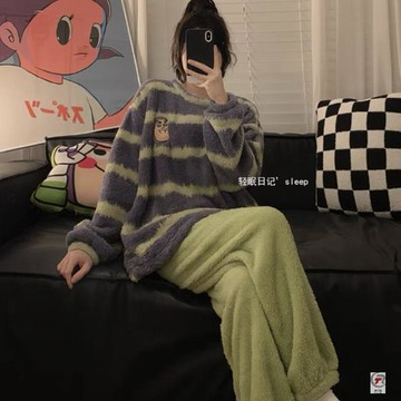 爆款睡衣🌙 巴斯光年珊瑚絨睡衣女款秋冬季加厚保暖法蘭絨可愛條紋家居服套裝睡衣 冬季睡衣
