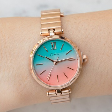 KIMIO午茶時光小圓漸層炫光節狀金屬鍊帶手錶【WKI6500】-粉藍面玫金帶