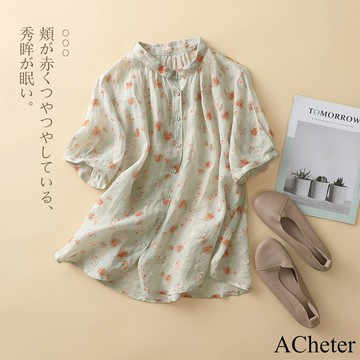【ACheter】印花寬鬆顯瘦棉麻短袖襯衫上衣# 113249(現貨+預購)