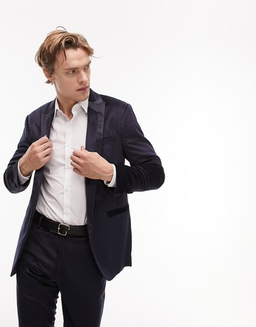 Topman skinny single breasted peak velvet blazer with tipping in navy