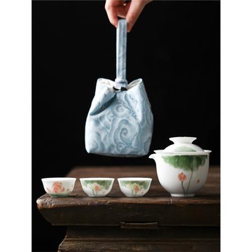 陶瓷手繪荷韻旅行茶具一壺三杯戶外便攜式快客杯