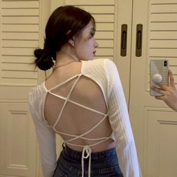 長袖t恤 INS美式V领大露背性感短版上衣女生夏天穿搭顯瘦微辣上衣大碼女裝 10819